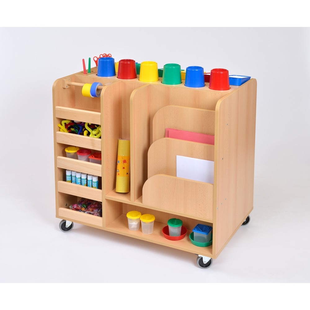 Mobile Art Resource Trolley With 24 Art Pots And 9 Wicker Trays