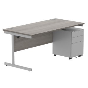 CORE Single Upright Rectangular Desk + Under Desk Steel Pedestal 3 Drawers | 1600 X 800 | Alaskan Grey Oak/Silver