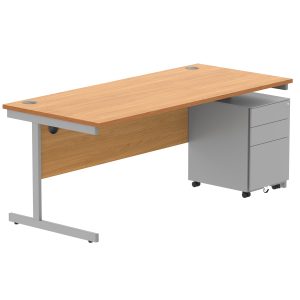 CORE Single Upright Rectangular Desk + Under Desk Steel Pedestal 3 Drawers | 1800 X 800 | Norwegian Beech/Silver